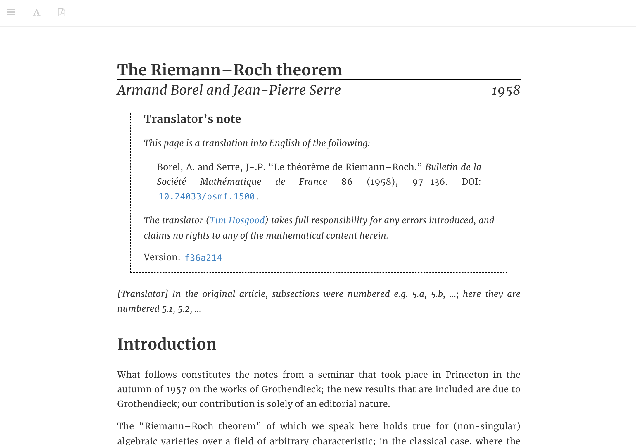 New style for web versions of translations: the buttons in the top left are for toggling the table of contents, changing font options, and viewing the PDF version. Thanks Bookdown!